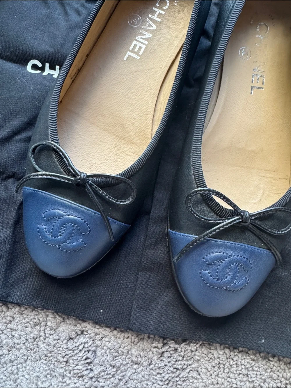 CHANEL Black and Navy Cap-Toe Ballet Flats